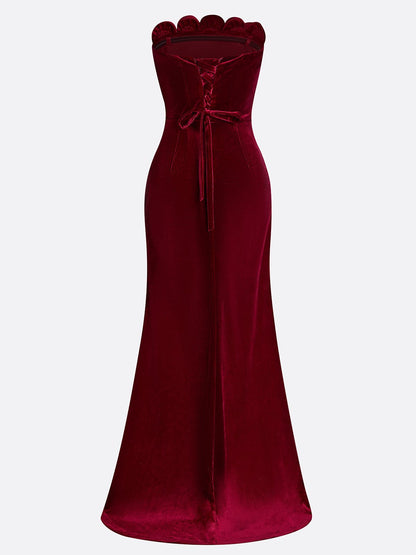 Wine Red 3D Floral Velvet Strapless Sleeveless Sheath Gown Dress