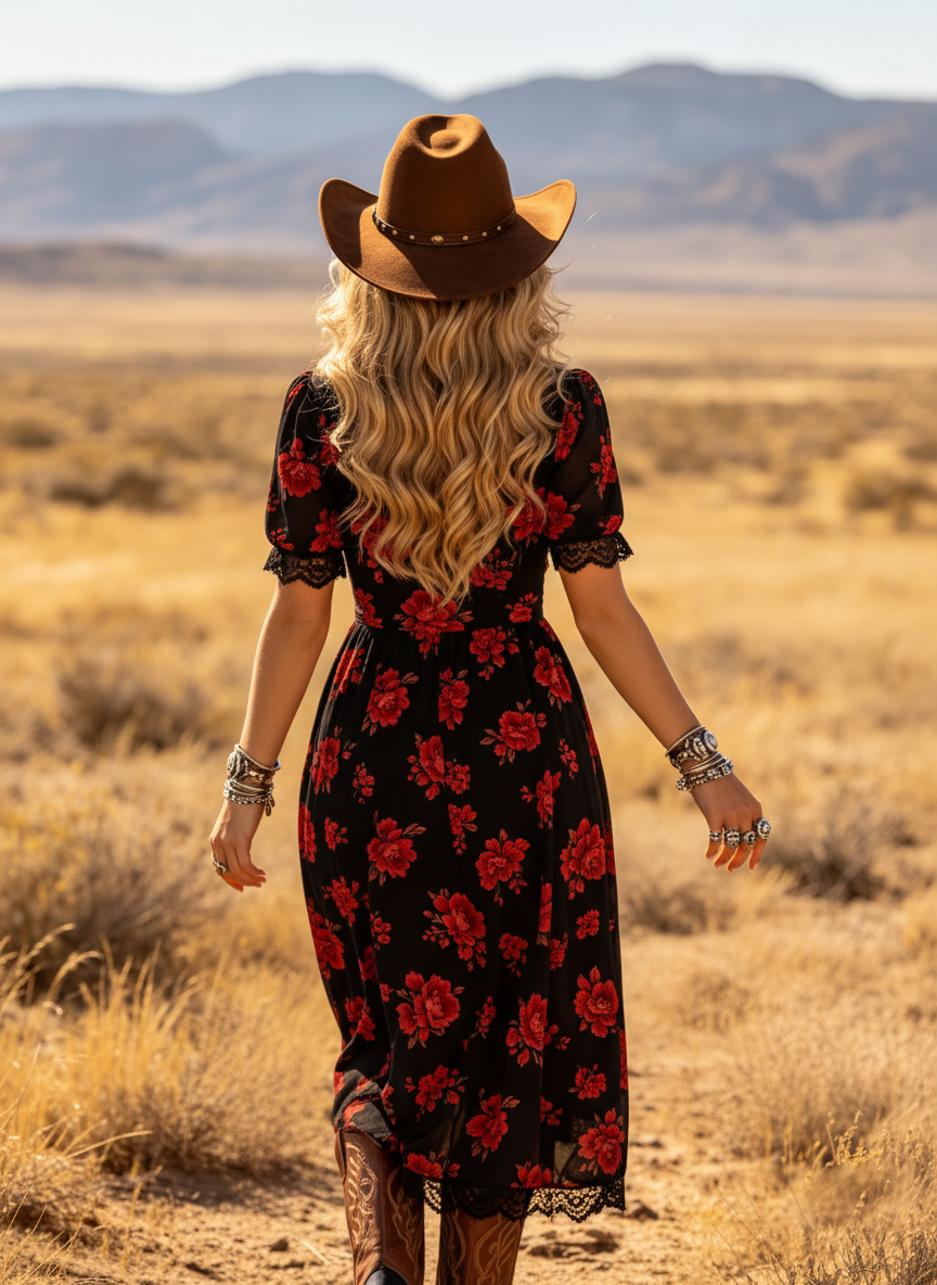 Women's Western CoChiffon Floral Lace Dress With Deep V-Neck And Short Sleeves Boho Western Style Midi Dress