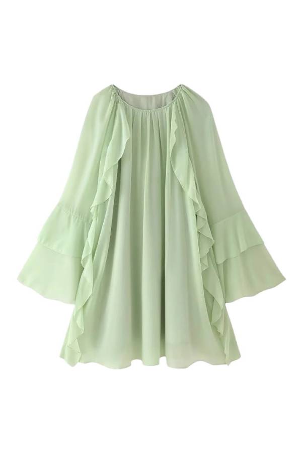 Mint Green Ruffle Smocked Bell Sleeve Loose Dress