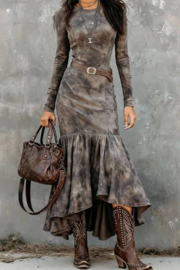 Vintage Polyester Flare Hem Midi Dress