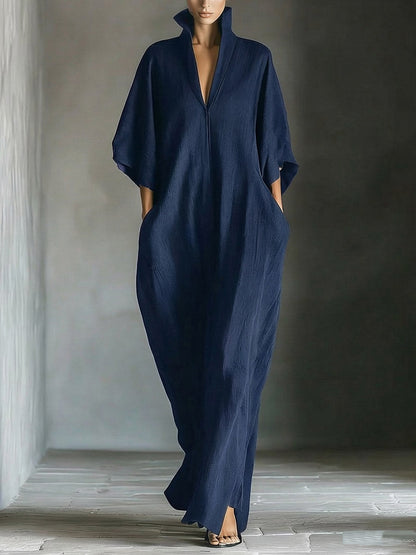 Women's Solid Color Stand Collar 3/4 Sleeve Casual Loose Cotton Linen Dress