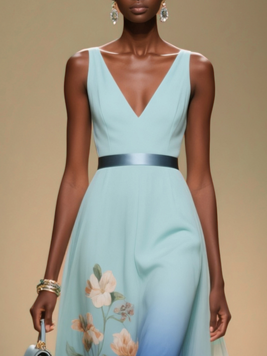 Light Blue Ombre Floral Chiffon V Neck Sleeveless A-Line Midi Dress