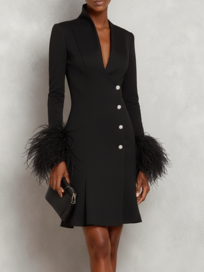White Feather-trimmed Buckle Classic V Neck Stand Collar Long Sleeve A-Line Mini Dress