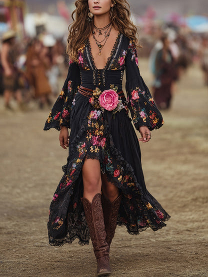 Floral Embroidered Cotton Maxi Dress With Lace Trim And High Slit