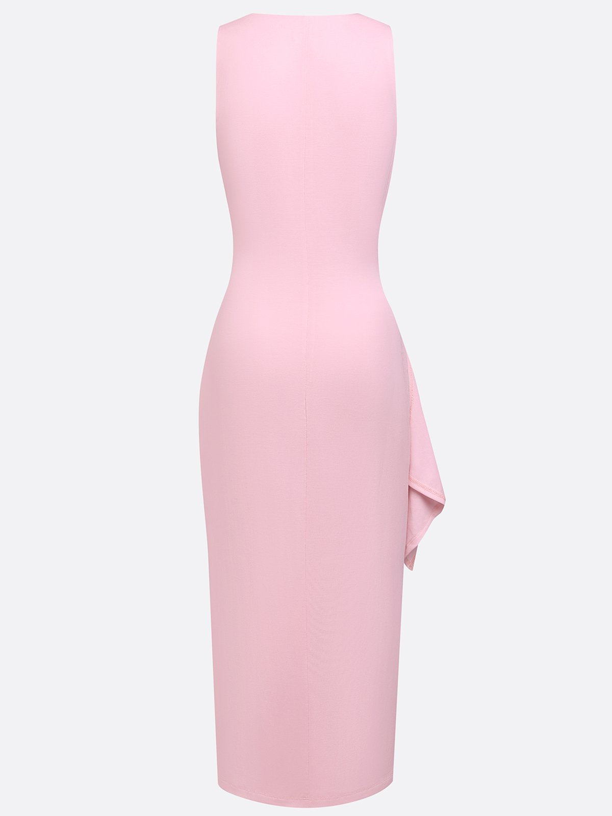 Pink Ruched Peplum Knit Deep V Neck Sleeveless Bodycon Midi Dress