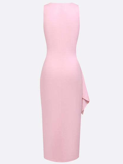 Pink Ruched Peplum Knit Deep V Neck Sleeveless Bodycon Midi Dress