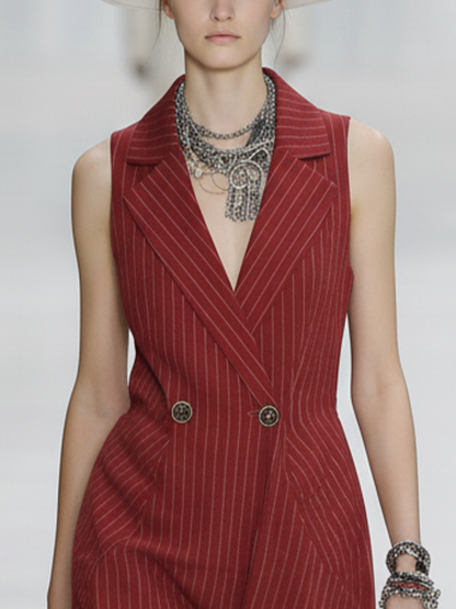 Women’s Fashionable Red And White Striped Turn-Down Collar V-Neck Slim Waist Sleeveless Mid-Length Dress With Metal Buttons MDZ1684D2GMJ