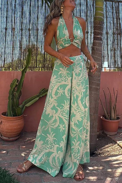Mint Green Tropical Print Halter Neck Wide-Leg Pants Set