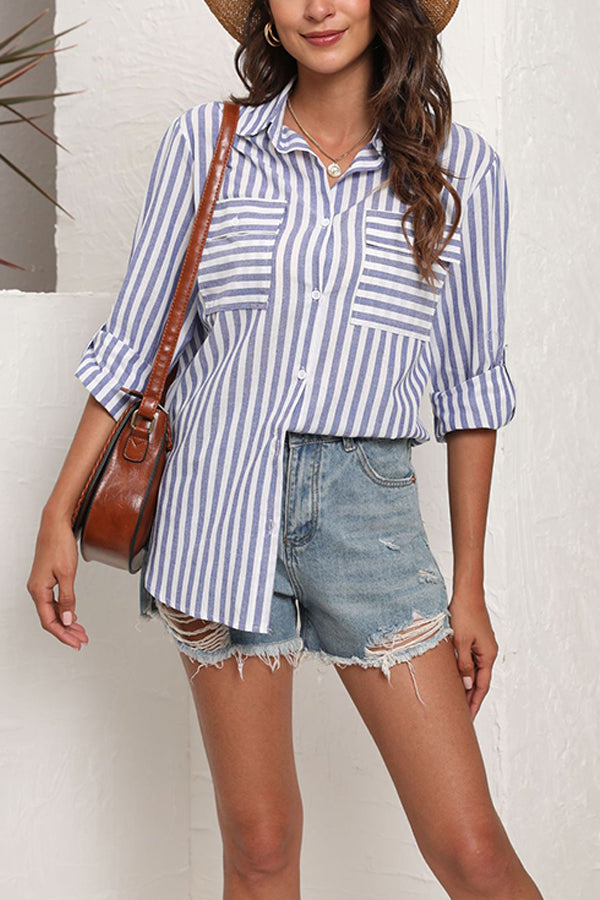 Linen Cotton Wash Stripe Single Breasted Long Sleeve Shirt