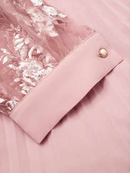 Pink Pleated Lace V Neck A-Line Midi Chiffon Dress