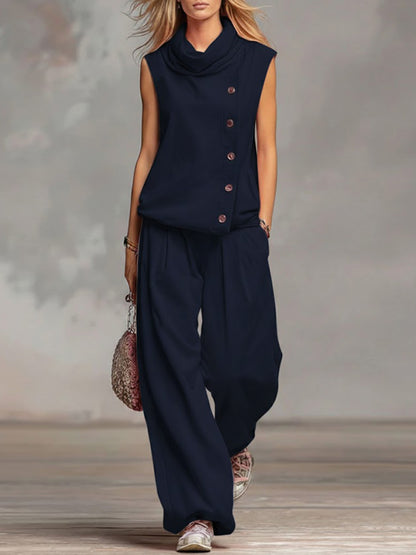 Women's Solid Color Stand-collar Sleeveless Casual Loose Cotton Top And High-waisted Loose Wide-leg Pants Set.