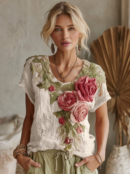 Women's Vintage Floral Art Linen Crew Neck Short Sleeve T-shirt 1499