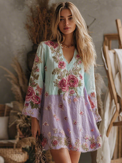 Women's V Neck Boho Classy Gradient Pink Roses Embroidered Art Casual Dress