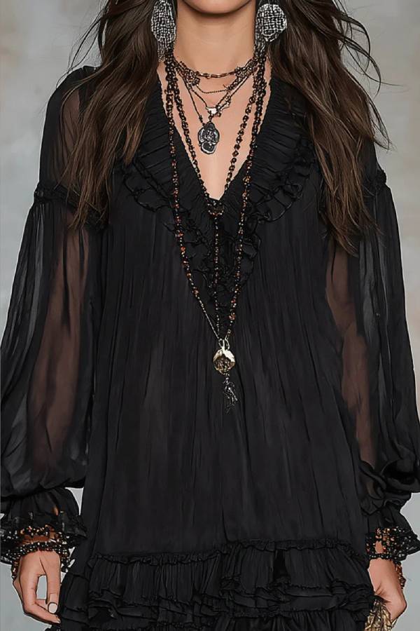 Black V-neck Lantern Sleeve Ruffled Chiffon Mini Dress