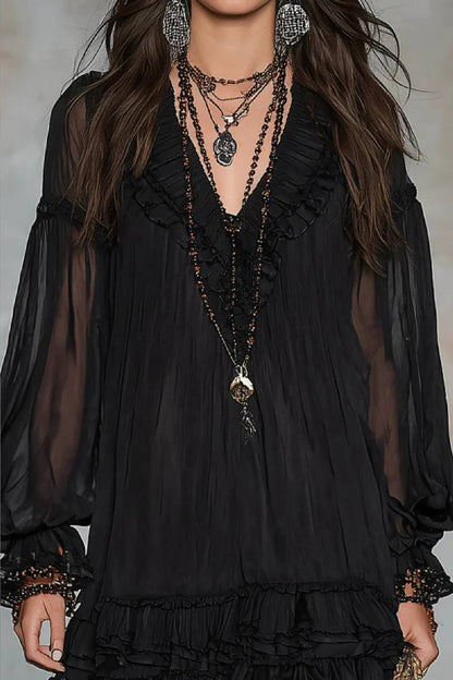 Black V-neck Lantern Sleeve Ruffled Chiffon Mini Dress