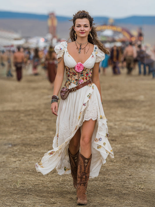 Cotton Floral Embroidered Boho Maxi Dress With Corset Detail And Asymmetric Hem For Festival Wear
