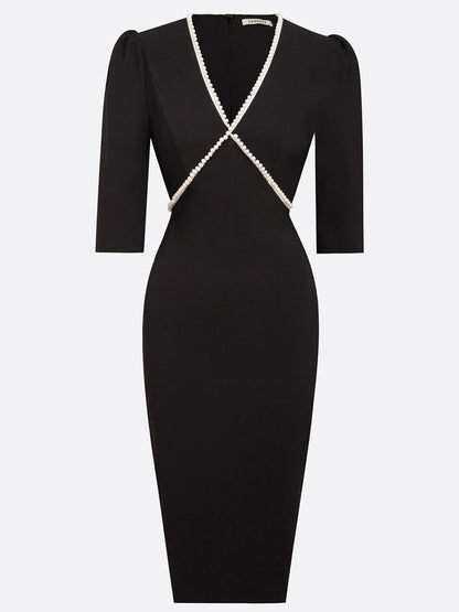 Black Faux Pearl V Neck Sheath Midi Dress