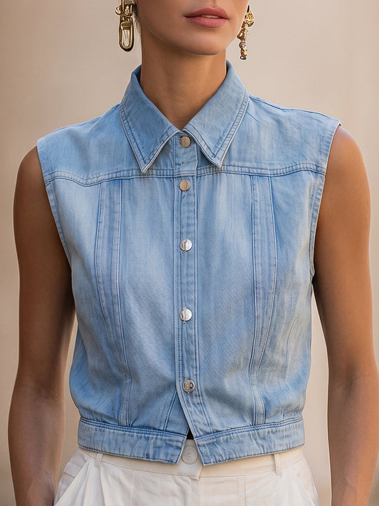 Light Wash Denim Sleeveless Button-Down Vest