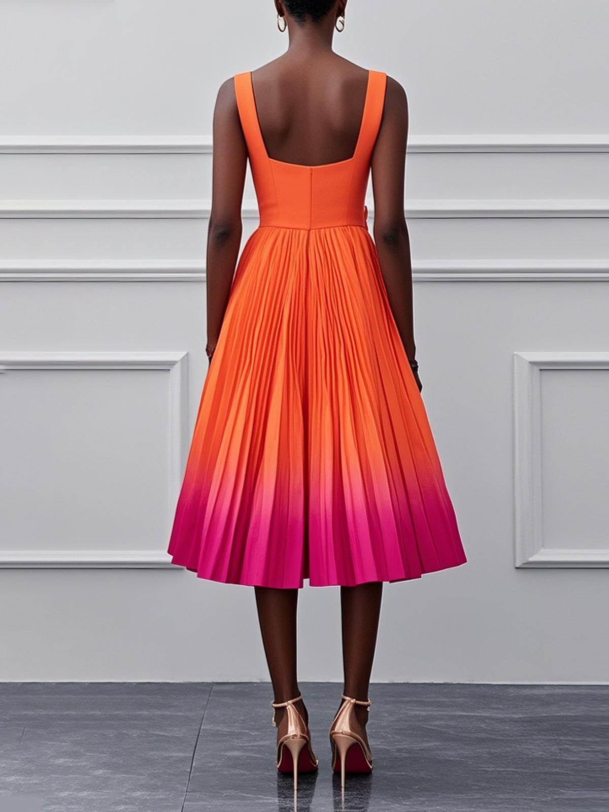 Orange Ombre Pleated Classic Square Neck Sleeveless A-Line Midi Dress