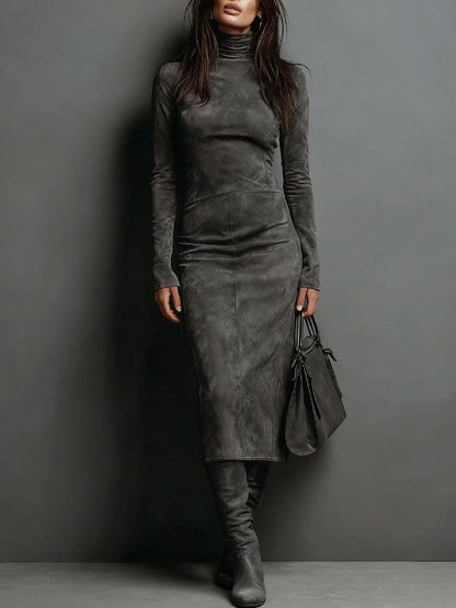 High Neck Long Sleeve Suede Midi Dress