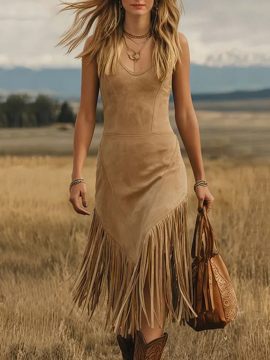 Suede Fringe Midi Dress Women Boho Western Style Sleeveless V-Neck Bodycon Dress With Tassel Hem For Casual Outfits