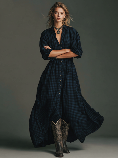 Women's Plaid Long Sleeve Shirt Maxi Dress MDA1241H2Y