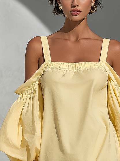 Women’s Yellow Cotton-Linen Blend Off-Shoulder Puff Sleeve Mini Dress With Square Neckline MDZ2847D1T