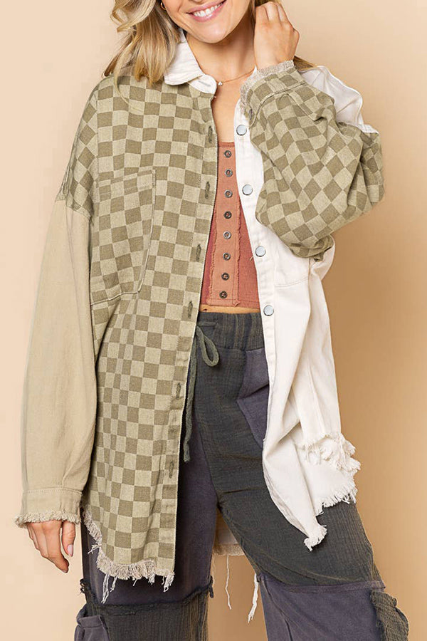 Check Panel Fringe Denim Jacket