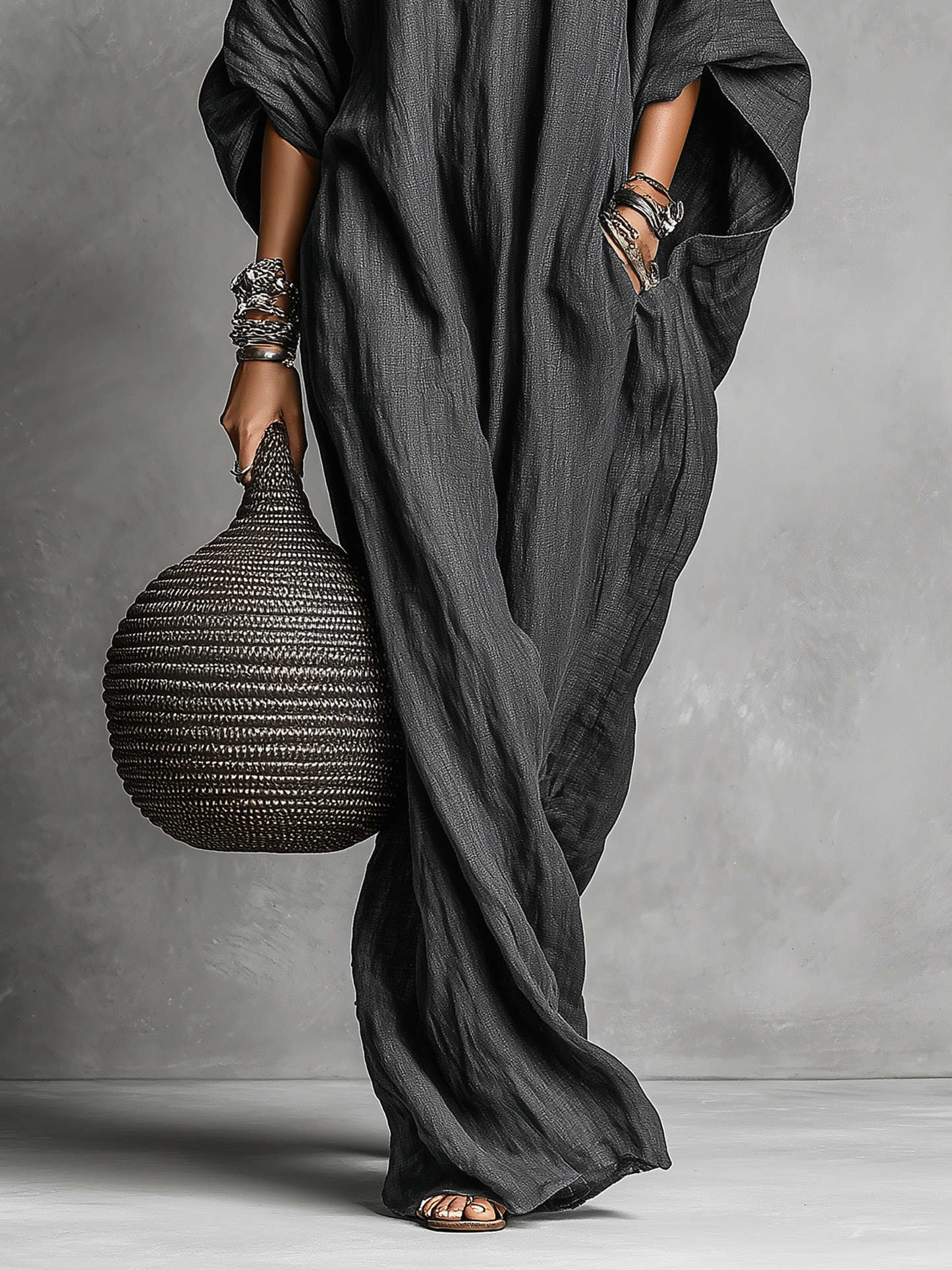 Women's Loose Cotton And Linen Batwing Sleeve Maxi Dress MDA1328K8Y