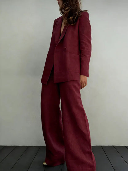Women's Minimalist Cotton-linen Suit With Wide-leg Pants
