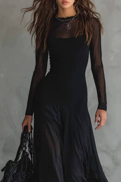 Black Mesh Patchwork Sheer Long Sleeve Flowy Maxi Dress