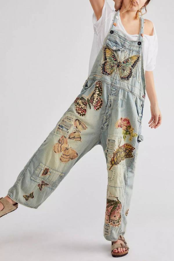 Butterfly-Painted Retro Denim Overalls
