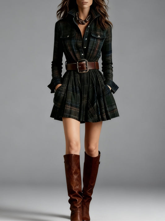 Vintage Lapel Red and Brown Plaid Mini Dress