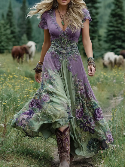 Classy Gradient Purple Lavender And Floral Printed Short Maxi Dress 43ff