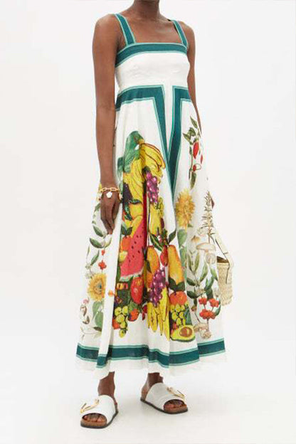 ITALIAN COASTLINE FRUIT FLORAL PRINT BACK SMOCKED MAXI DRESS