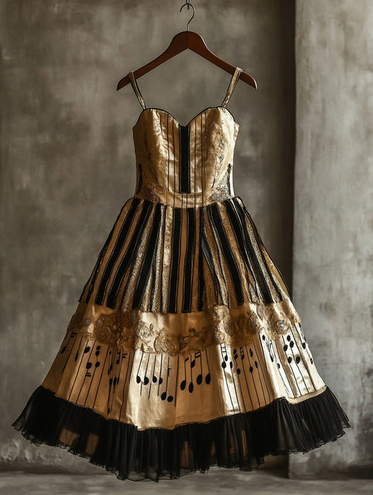Retro Elegant Music Theme Irregular Stitching Dress 22ca