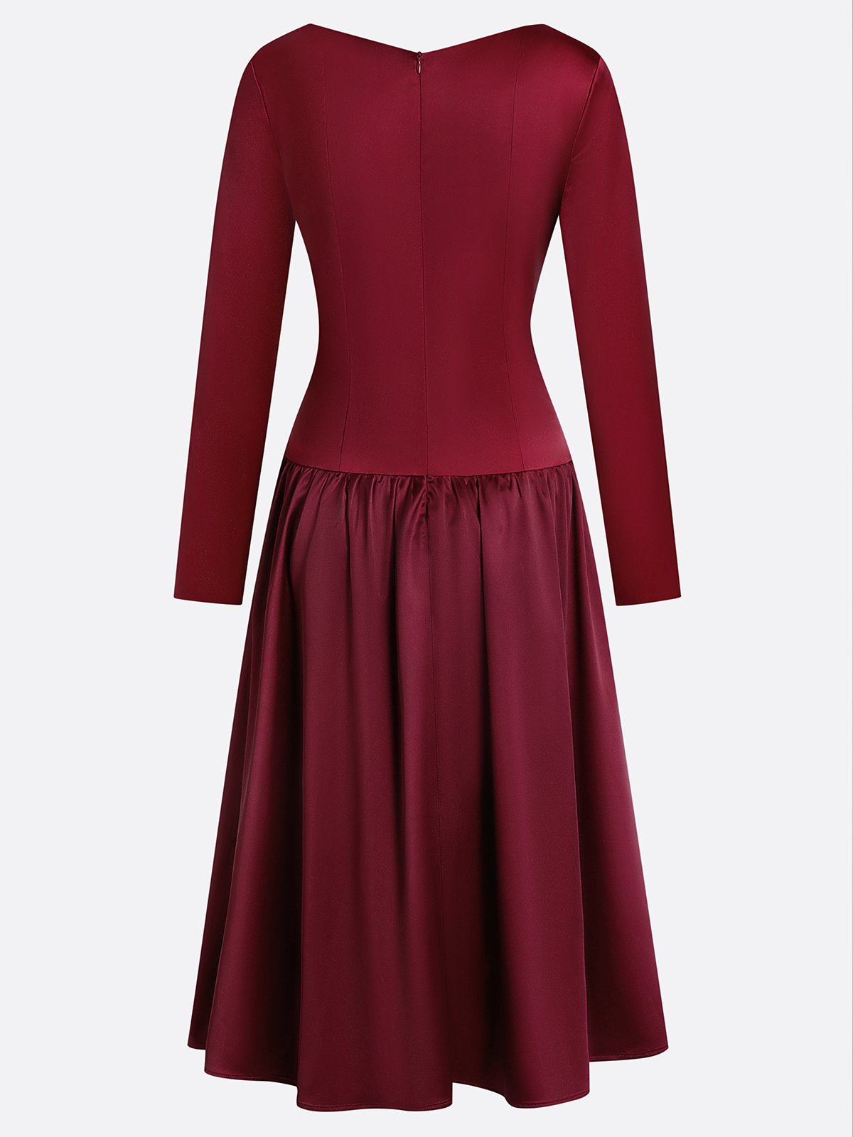 Burgundy Ruched Satin V Neck Long Sleeve A-Line Midi Dress