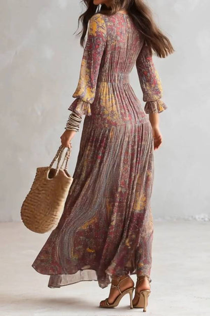 Paisley Print V-neck Gathered Chiffon Maxi Dress