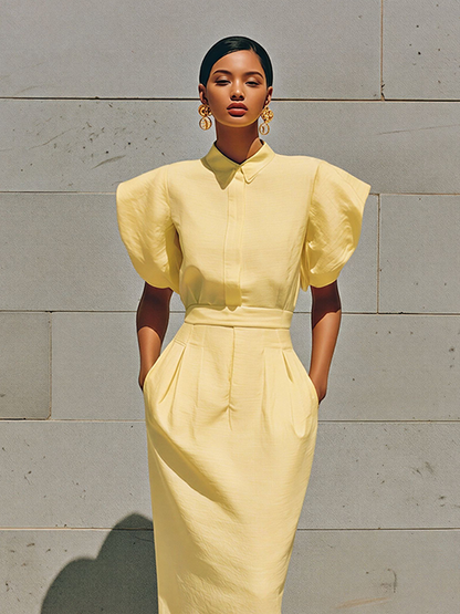 Women's Yellow Linen-Blend Puff Sleeve Shirt Dress With Tailored Waist & Pockets, Timeless Modern-Chic Style Dress MDZ2030D7LYL