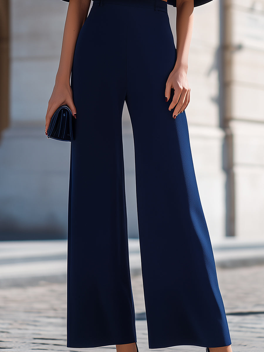 Cape-Sleeve Crop Top & High-Waisted Wide-Leg Pants Two-Piece Set