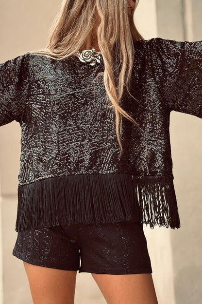 Full of Surprises Sequin Short Sleeve Tassle Trim Loose Top