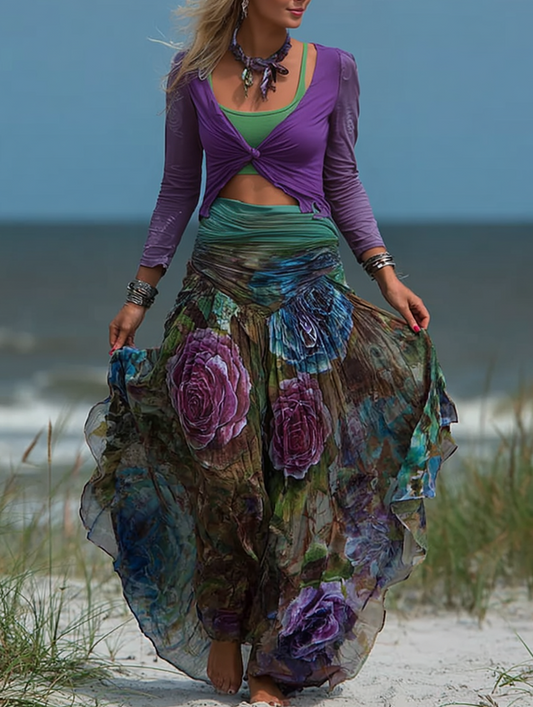 Seaside lace embroidered retro top + pants set 88f2