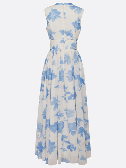 Light Blue Chiffon Floral V Neck Sleeveless A-Line Maxi Dress