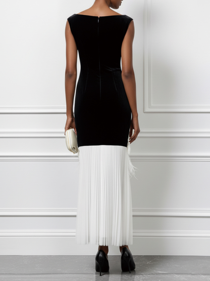 Black Tassel 3D Floral Velvet Boat Neck Sleeveless Mermaid Midi Dress