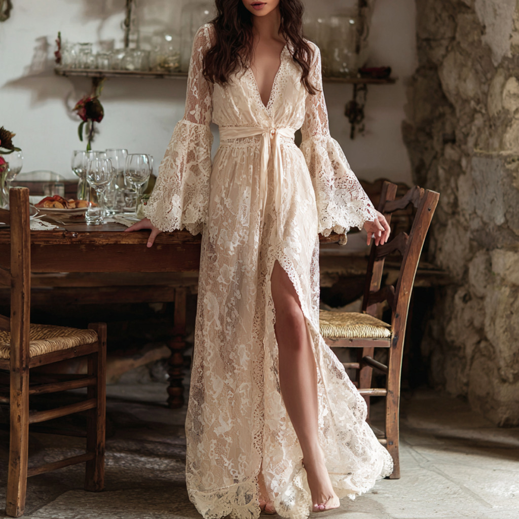 Lace Long Dress With Deep V-Neck And Bell Sleeves, Elegant Boho Maxi Gown For Women
