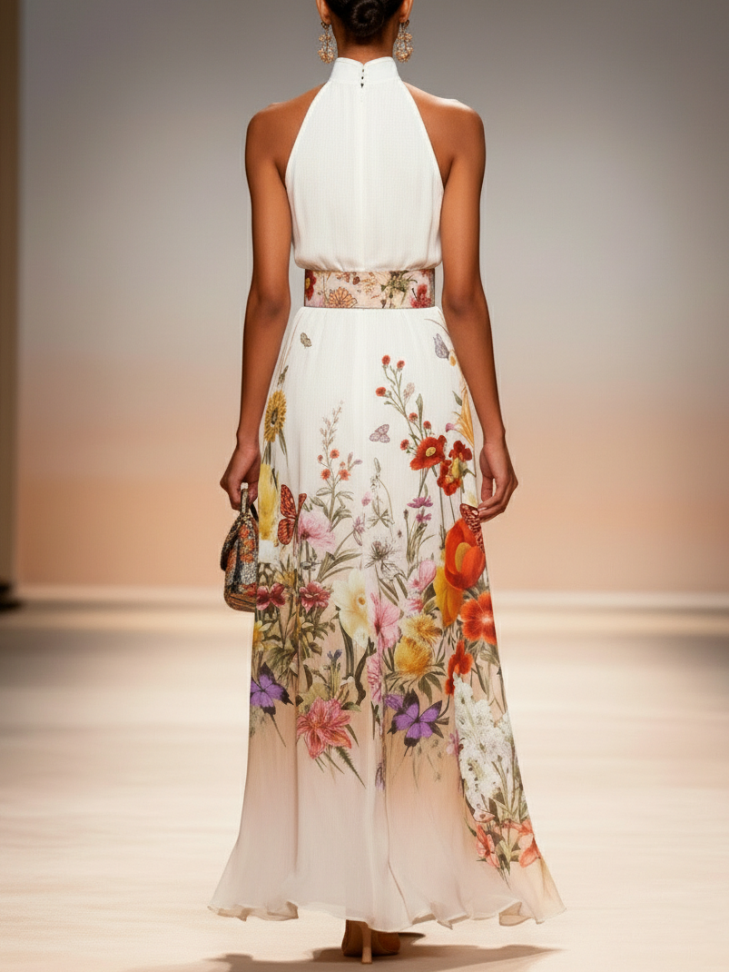 Orange Floral Chiffon Halter Mock Neck Sleeveless A-Line Maxi Dress