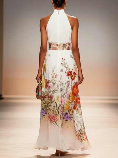 Orange Floral Chiffon Halter Mock Neck Sleeveless A-Line Maxi Dress