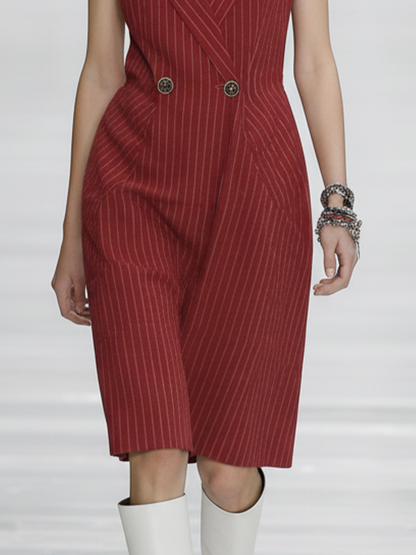 Women’s Fashionable Red And White Striped Turn-Down Collar V-Neck Slim Waist Sleeveless Mid-Length Dress With Metal Buttons MDZ1684D2GMJ