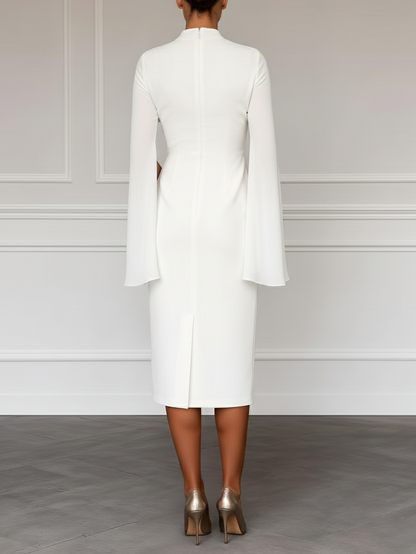 White Slit Chiffon Mock Neck Long Sleeve Bodycon One-shoulder Midi Dress with Matching Shrug