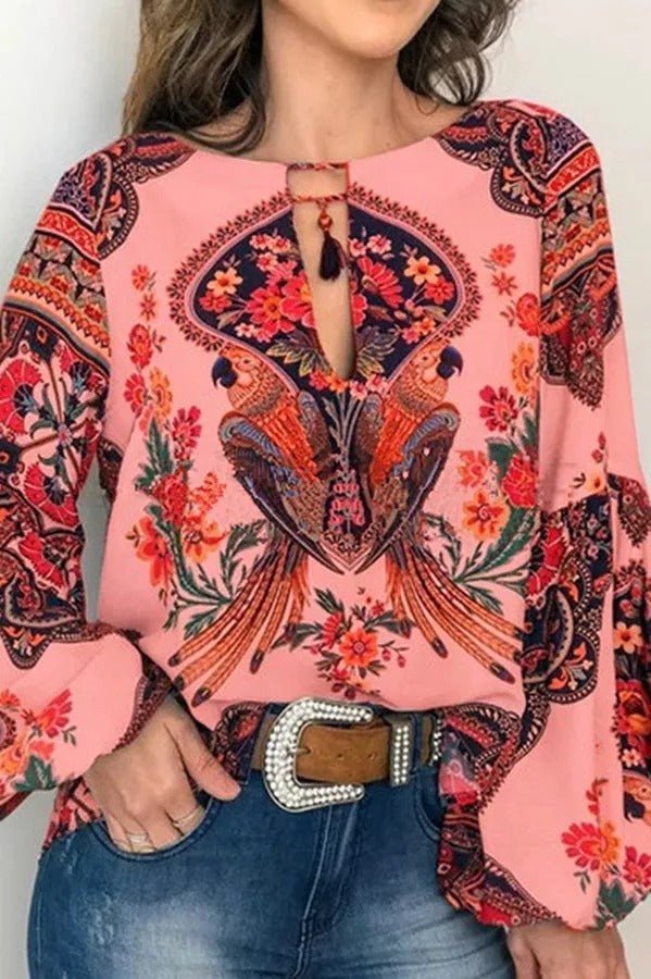 Lilly Floral Bird Print Off Shoulder Top
